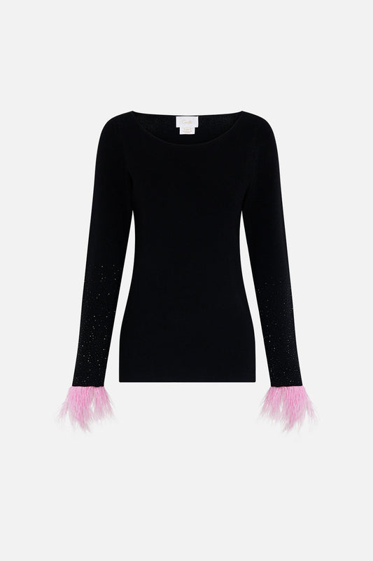 BOAT NECK KNIT WITH DETACHABLE FEATHERS